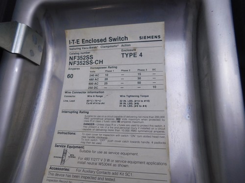 NF352SS - INTERRUPTOR CERRADO HD NO FUSIBLE ITE 60A AMP 3P POLO 600V NEMA 4 - RECONOCIMIENTO - Imagen 6 de 7