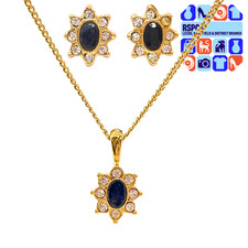 Sapphire 24k Gold Plated Pendant Necklace Stud Earrings Set Oval Crystal Cluster