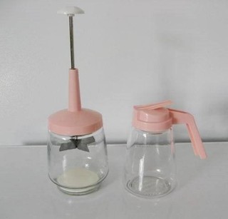 Vtg set Glass Food Chopper & Syrup PINK LIDS 1950 1960 Federal Glass MCM retro