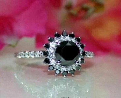 Lab-Created 2Ct Round Cut Black & White Diamond Halo Ring 14K White Gold Finish
