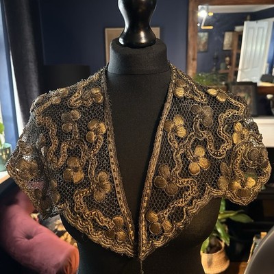 c1910 Edwardian Gold Metallic Embroidered Lace Cape 1920s Bolero Antique