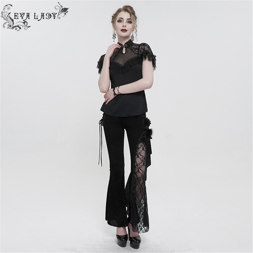 Eva Lady Women Black Gothic Vintage Lace Flower Long Flared Trousers Slim Pants - Picture 11 of 28