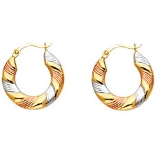 Ioka - 14K Tri Color Gold Fancy Hollow Hoop Hinged Earrings