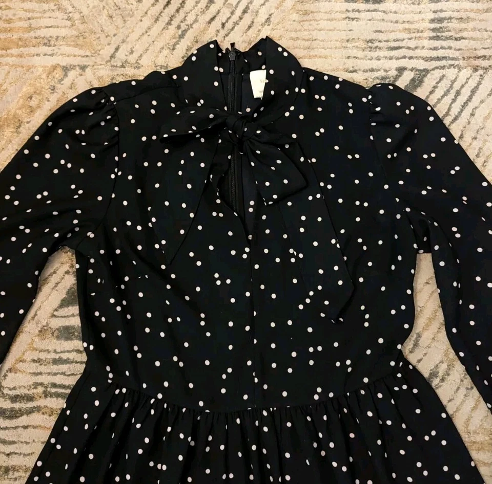 Camisa KATE SPADE Negra Lunares Lazo Volantes Ajuste N Acampanado Vestido Talla 8 Foto 4 de 4