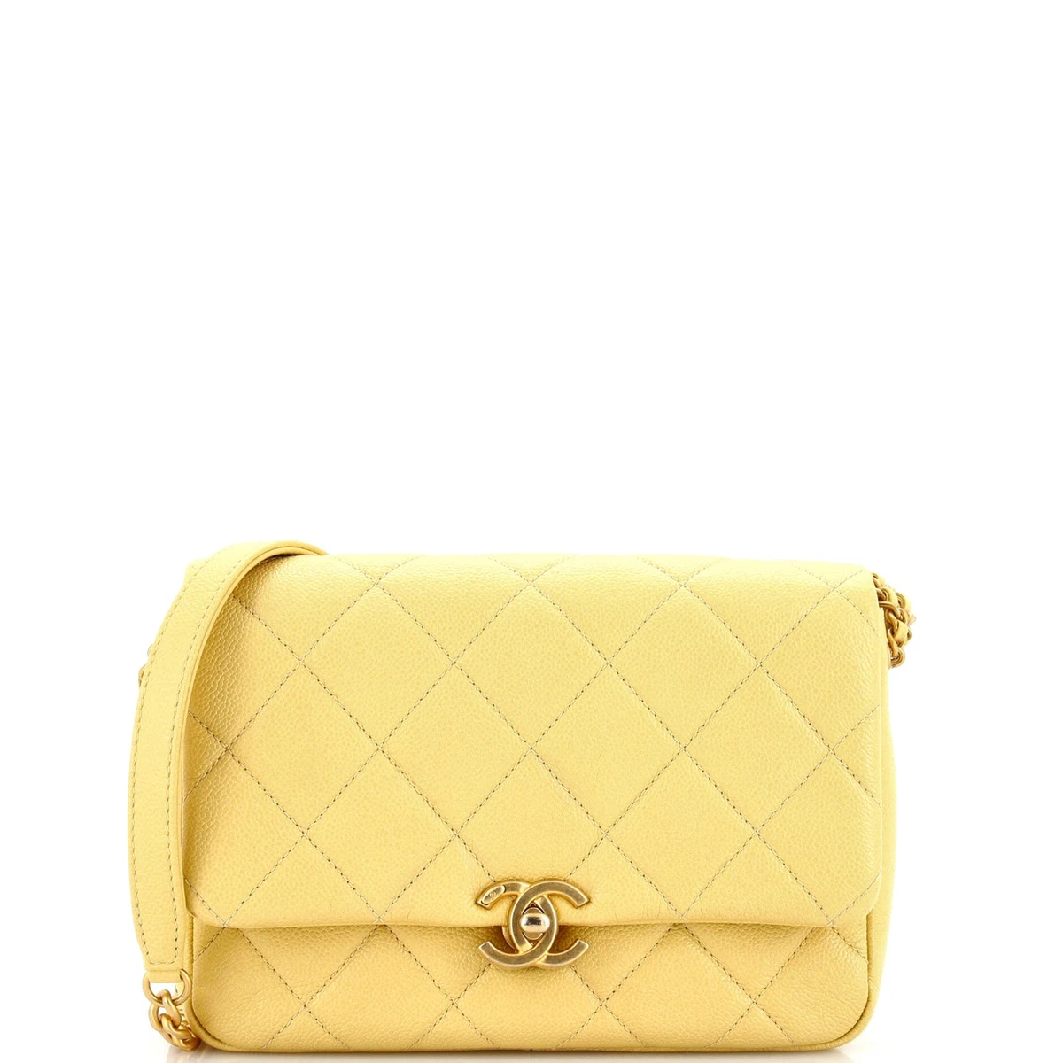 Chanel Chain Melody Flap Bag Quilted Caviar Small Yellow