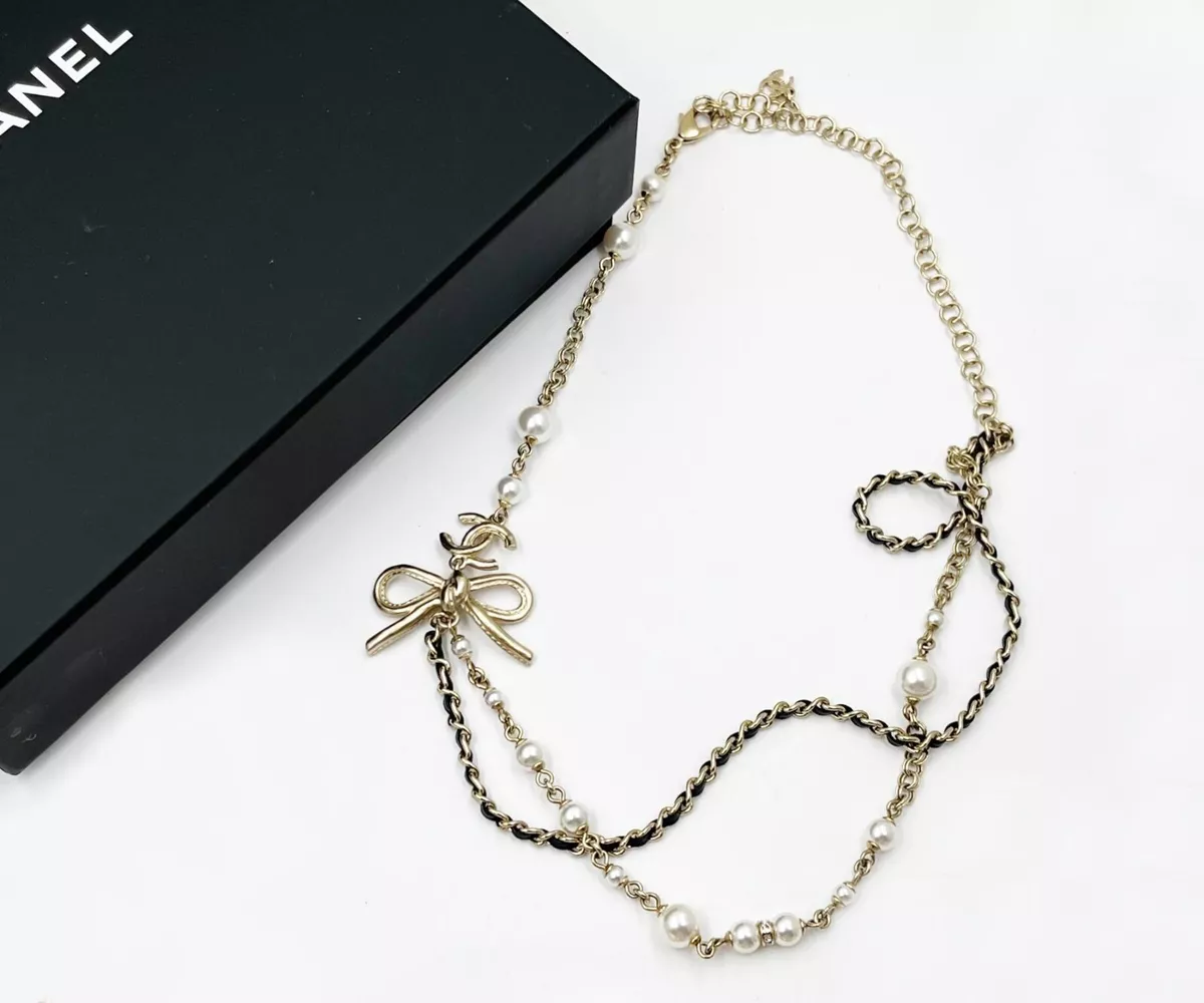 Chanel Light Gold CC Ribbon Bow Pearl Leather Chain Short Necklace