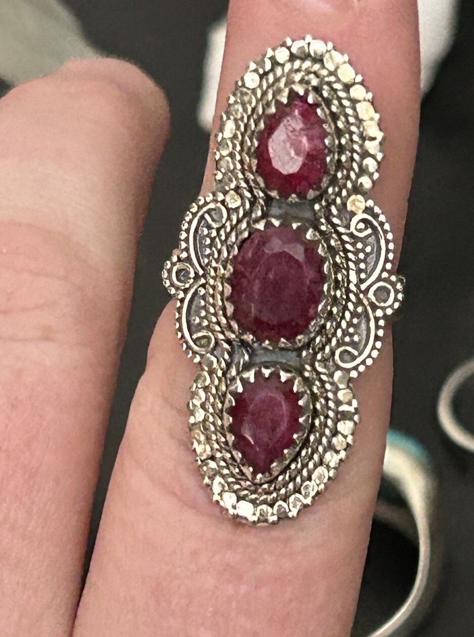 Three Stone Natural Ruby Ring Sterling Silver Siz… - image 6