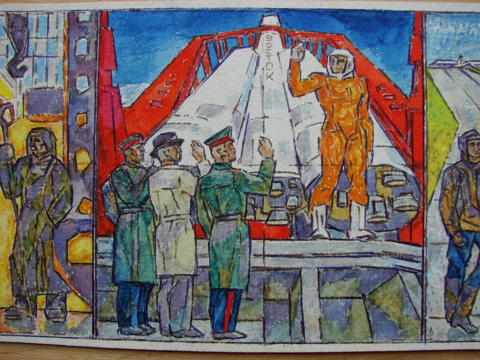 Pintura cubismo soviético ucraniano Gagarin astronauta espacial cohete Vostok aviador Foto 2 de 4