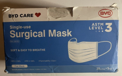 BYD CARE Single Use Disposable 3-Ply Mask, ASTM Level 3-50 Pack Blue