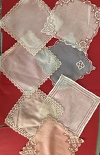 Vintage, Lot Of Seven Assorted, Unique, 7 Inch Square, Linen Doilies/hankies.