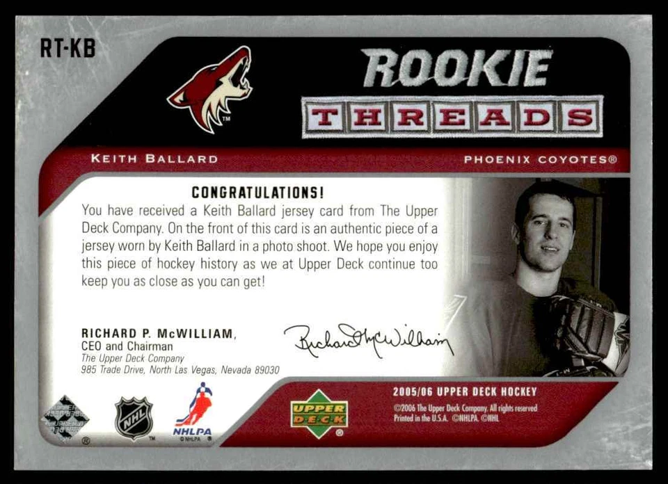 2005-06 Upper Deck UD Game Jersey Keith Ballard Phoenix Coyotes #RT-KB - Image 2 of 2