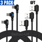 3 Pack 6Ft 90 Degree USB Data Cable For iPhone 11 XR 8 7 6 Charger Charging Cord