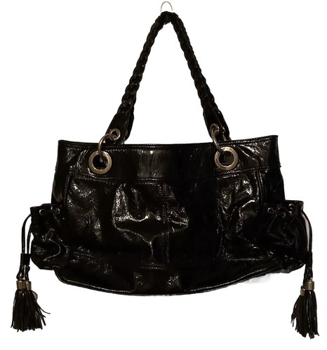 Tasche Black Crinkle Patent Leather Double Braided Handle Tassle Trim Large Bag - Picture 1 of 15