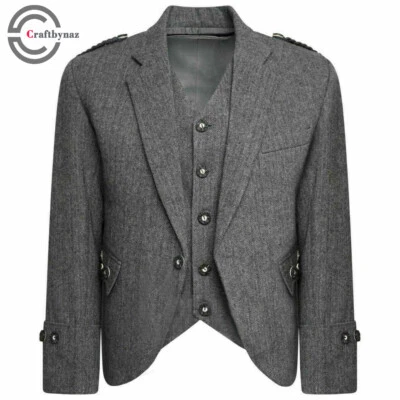 Men's Grey Tweed Argyle Kilt Jacket With Waistcoat Wedding Kilt Jacket