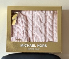 Michael Kors Women's Cable Knit Cuff Beanie Hat Scarf - Soft Pink Gift Box