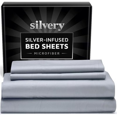  Silver Infused Bed Sheets Set - Ultra-Soft Temperature-Regulating Queen Gray