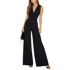 White House Black Market Black Minimalist Wide Leg Jumpsuit Ruched Waist Size 10