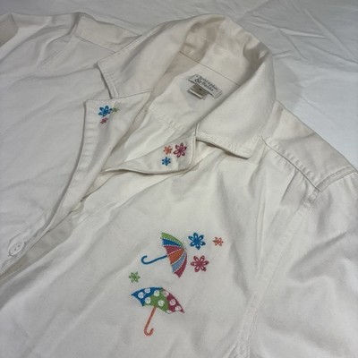Vintage Playful Embroidered Button Down White Chambray Blouse with Umbrellas
