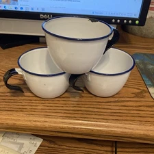 VTG KER Sweden White Enamelware 3 9cm Cups Blue Trim Cottage Farmhouse