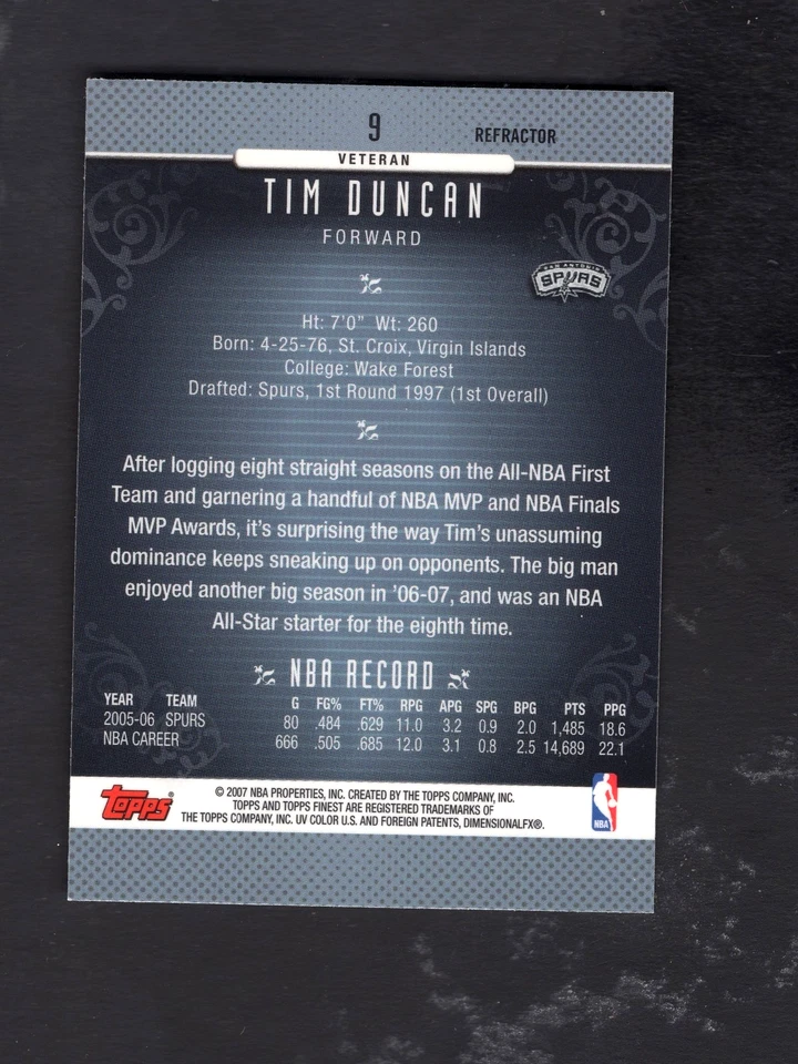 2006-07 Finest Refractors #9 Tim Duncan - Image 2 of 2