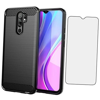 Asuwish Compatible with Xiaomi Redmi 9 Case and Tempered Glass Screen Black