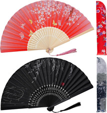 Handheld Folding Fans Floral Hand Held Fans Silk Bamboo Fans with Tassel Chinese