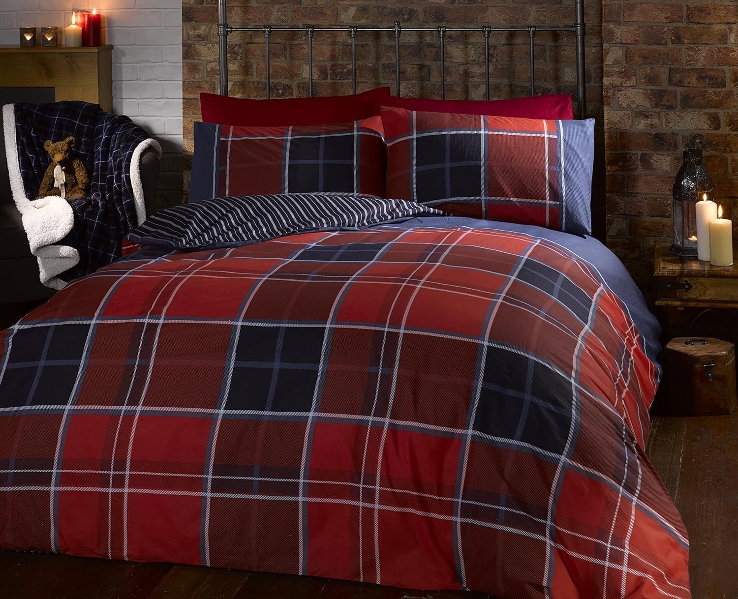 Argyle Single Quilt Duvet Cover and Pillowcase Reversible Bedding Bed Set, Tart