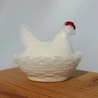 VTG Hen-on-Nest 'Chick' Saltcellar Mini Basket Weave Milk Glass w/Red Comb