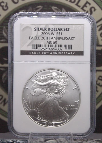 2006 "W" American *BURNISHED* Silver Eagle NGC MS69 #002 20th Anniversary ECC&C