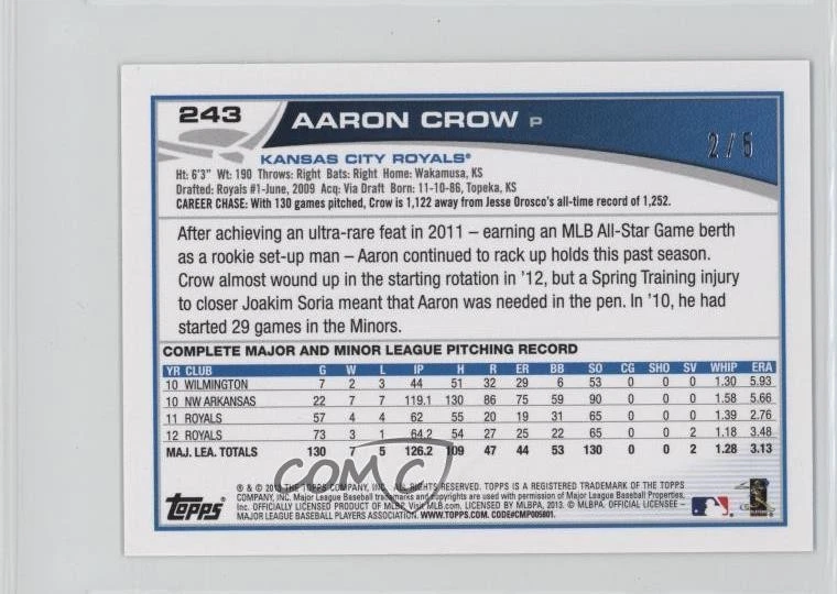 2013 Topps Mini Black /5 Aaron Crow #243 - Image 2 of 2