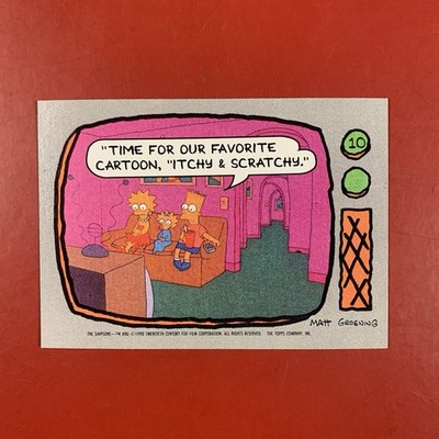 1990 Topps The Simpsons card #10 Bart Lisa and Maggie watching Itchy & Scratchy