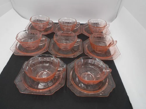 (Set of 8) Pink Anchor Hocking PRINCESS Depression Glass CUPS and SAUCERS