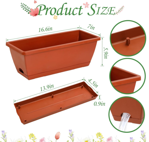 12Pcs 17Inches Rectangle Planter Box with Drainage Holes and Trays Plastic Plant - Picture 2 of 12