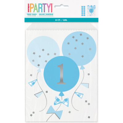 8 Stück Papier-Leckerlibeutel blau Gingham 1. Geburtstag - Party Beutetüte
