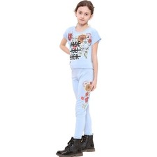Kids Girls Top Short Sleeves Made You Look Print Sky Blue Crop Top  Legging Set