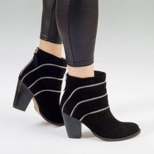 Donna Originale pelle Camoscio Stivali Caviglia Nero Chelsea Tacco Largo Casual