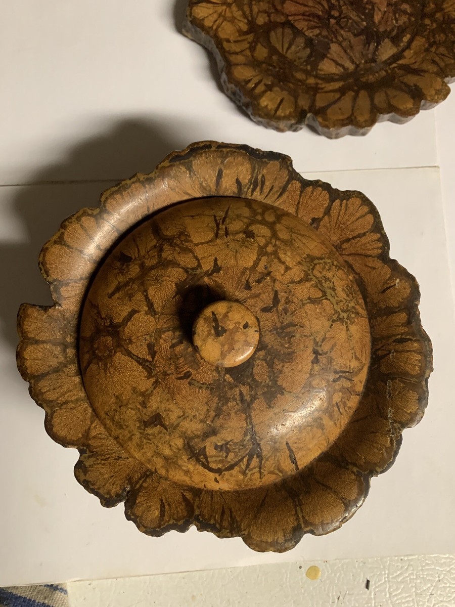 Vintage RARE 3 Piece Chrysanthemum Wood Bowl w/ Lid and Plate 7