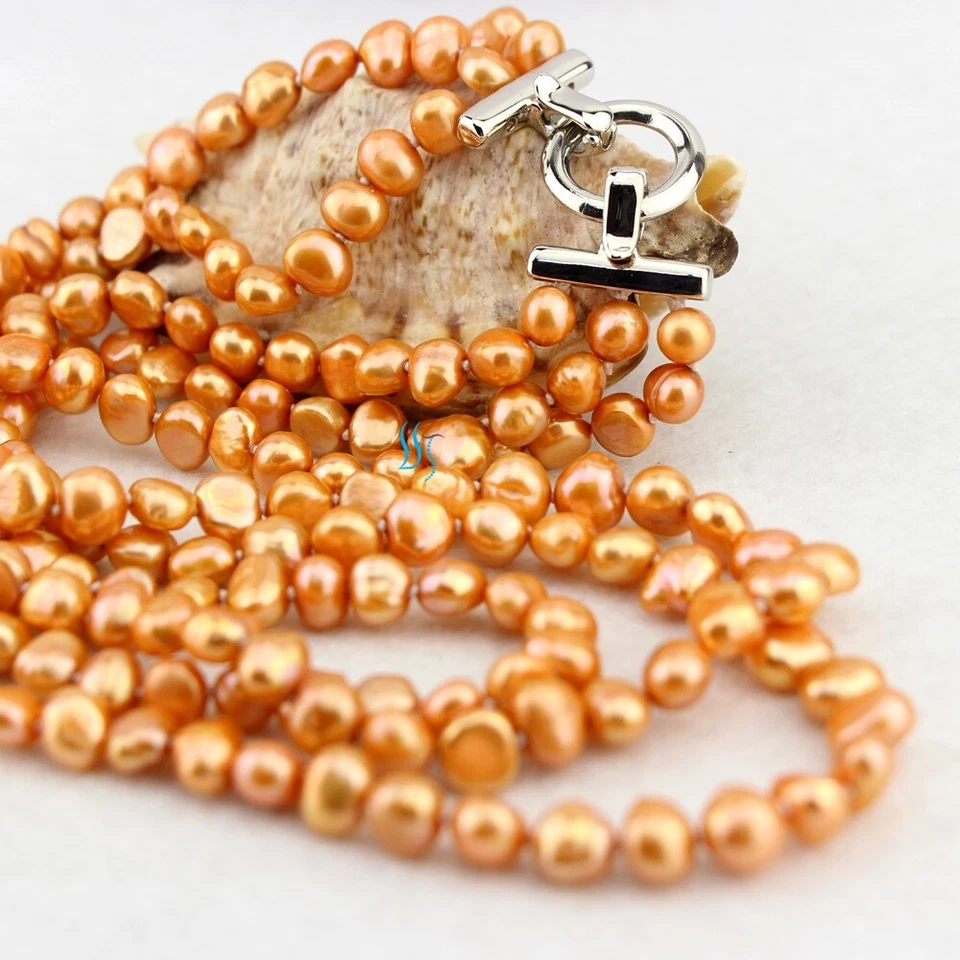 18-21英寸7-8毫米橙色3Row巴洛克淡水珍珠项链 — 第 4/4 张图片