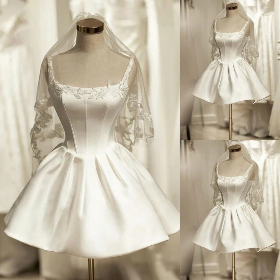 Short Wedding Dresses Mini White Sleeveless Satin Beach Summer Bridal Gowns - Image 4 of 4