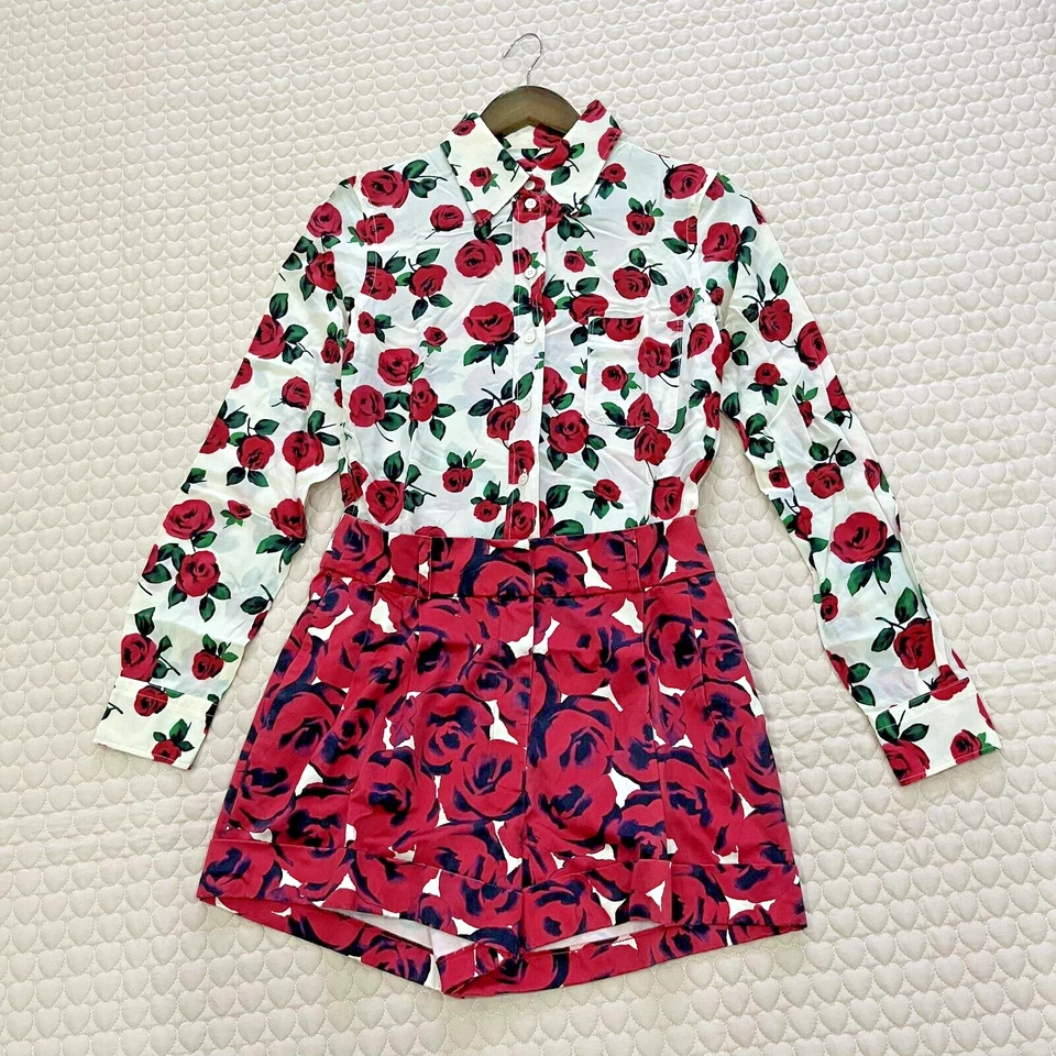 Mono para mujer Moschino 30th Rose mezcla seda manga larga pantalones cortos talla 6 Foto 2 de 4