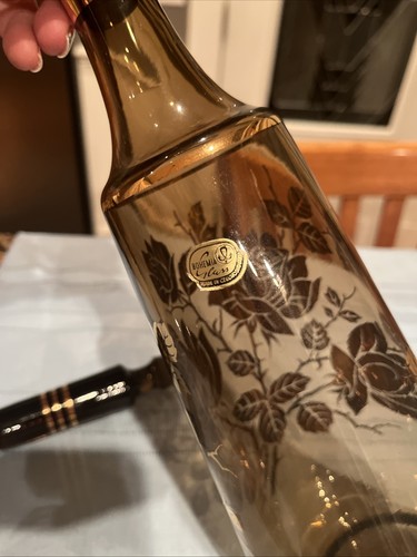 Vintage Tschechisch Böhmisch MCM Bernstein Karaffe Gold Floral 16,75" H 3,5" mit 6 Gläsern - Bild 6 von 9