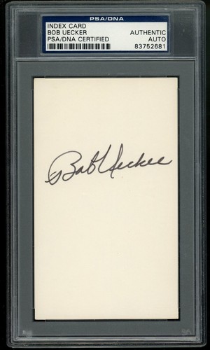 BOB UECKER Signed 3x5 Index Card PSA SLAB coa AUTOGRAPH BREWERS ANNOUNCER UPSIDE - Picture 1 of 2