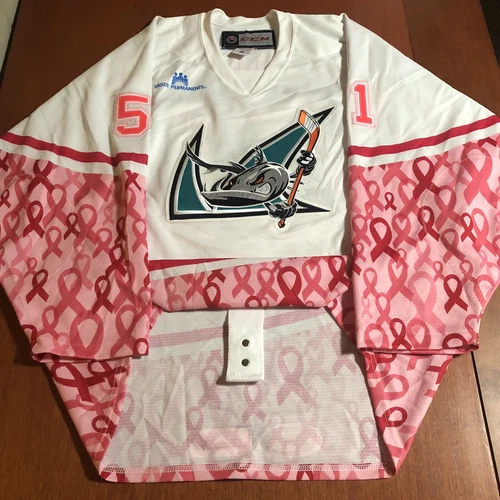 Game Worn CCM San Jose Barracuda Hockey Fights Cancer AHL Jersey Used White 56