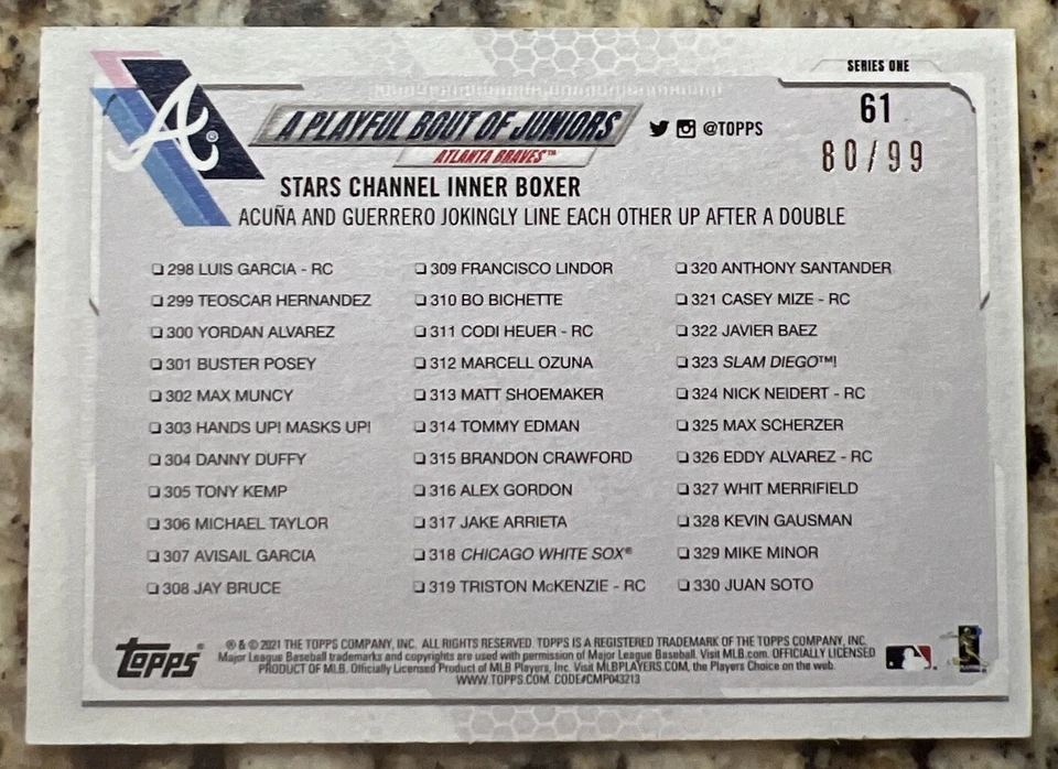 2021 Topps #61 Acuna / Guerrero Checklist Vintage Stock SSP /99 - Image 4 of 4