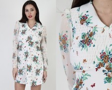 Vtg 70s White Floral Smocked Mini Dress Dagger Collar Flower Bouquet Sundress