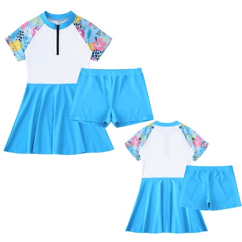 Kids Girl Swimsuit Swimming Wetsuit A-line Bathing Suit Zipper Up Costume Pool - Picture 4 of 74