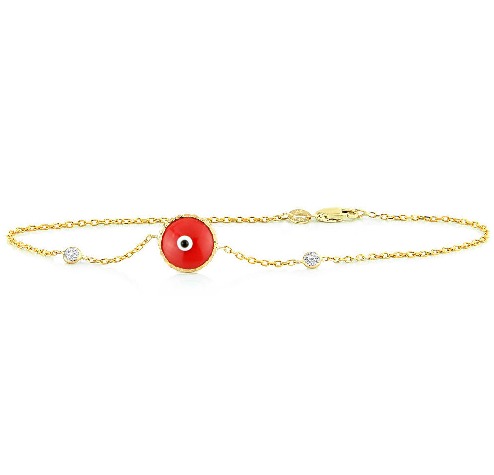 14K Yellow Gold Bracelet With Diamonds And Red Evil Eye Inches