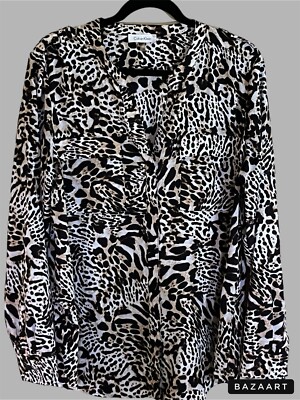 Calvin Klein Women s Cheetah Print  Blouse Size XL Long Sleeve Black & White