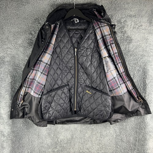 Barbour Beadnell Wax Jacket Womens Size 12 Black Tartan Hooded Full Zip Lining - Picture 10 of 23