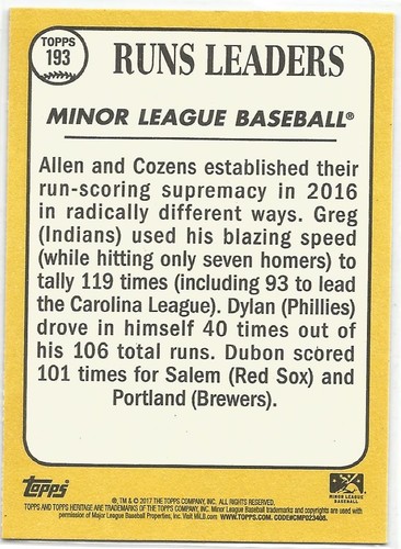 Allen, Cozens and Dubon 2017 Topps Heritage Minors 2016 Runs Leaders - Imagen 2 de 2